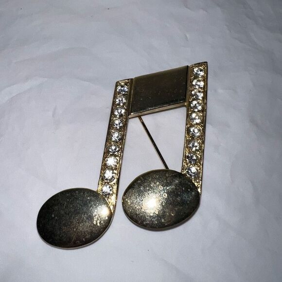 Vintage JJ Jonette Jewels Gold Tone with Rhinestone Music Note Brooch - Picture 1 of 8